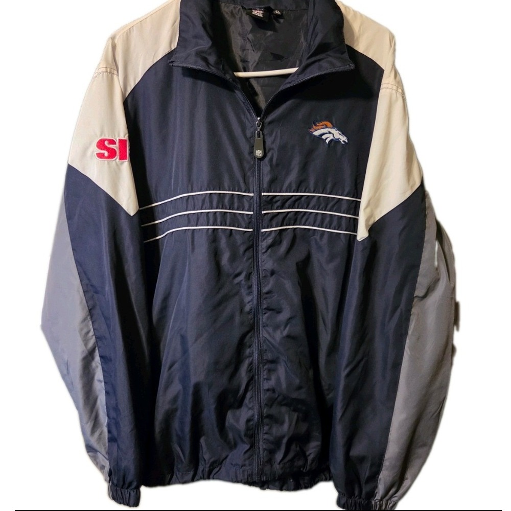 Vintage Reebok Denver Broncos NFL Team Windbreaker Jacket Mens XL Navy Blue